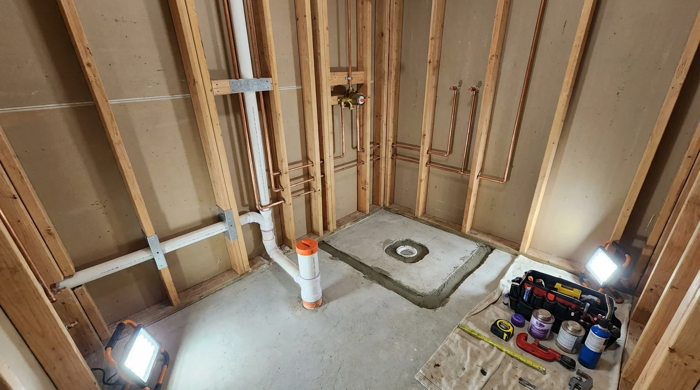 Bathroom rough-in plumbing during remodel by Johns Plumbing LLC in Sorrento