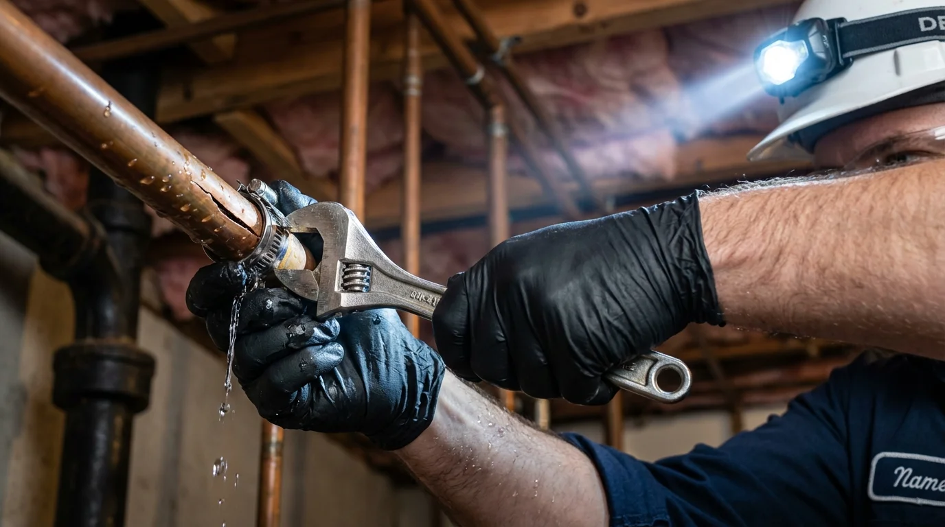 Emergency pipe clamp repair being performed by a Johns Plumbing LLC plumber in Sorrento