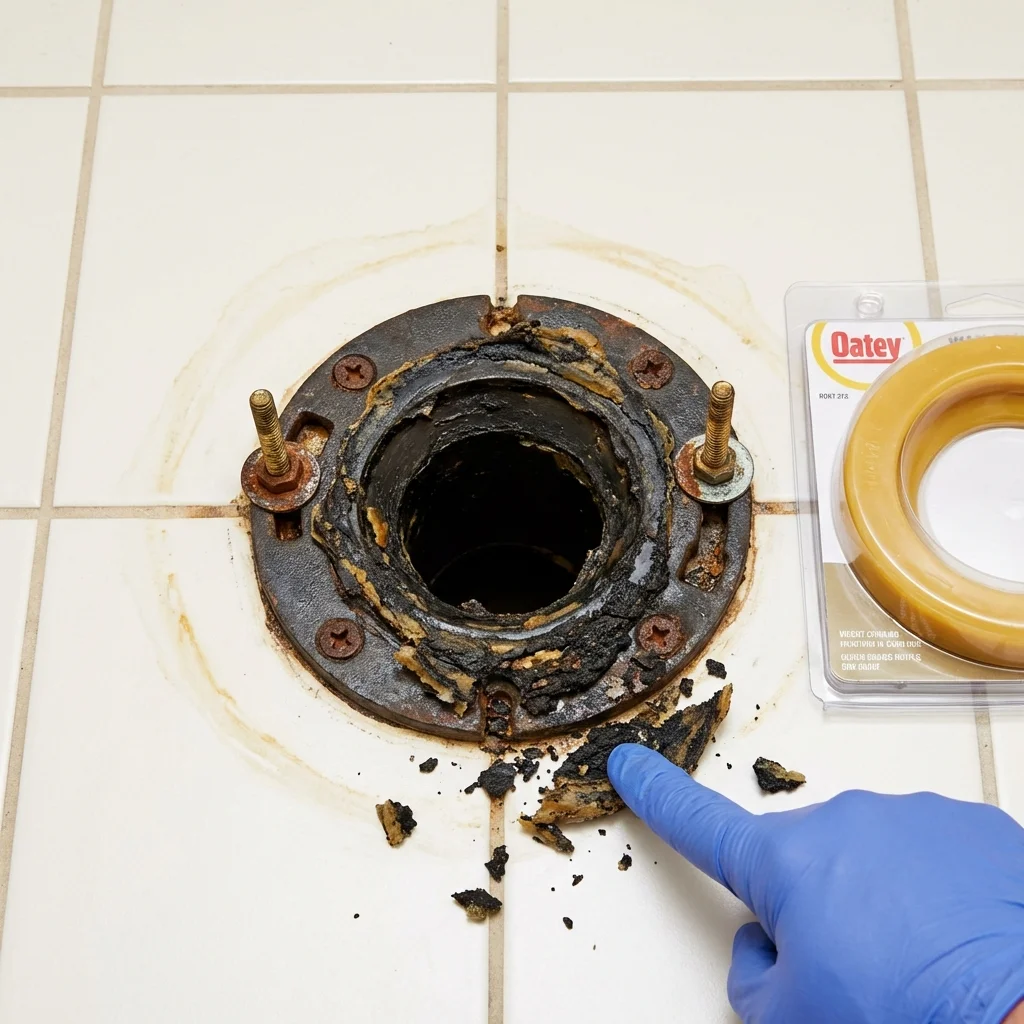 Failed wax ring showing water seepage at the base of a toilet in a Sorrento, LA home
