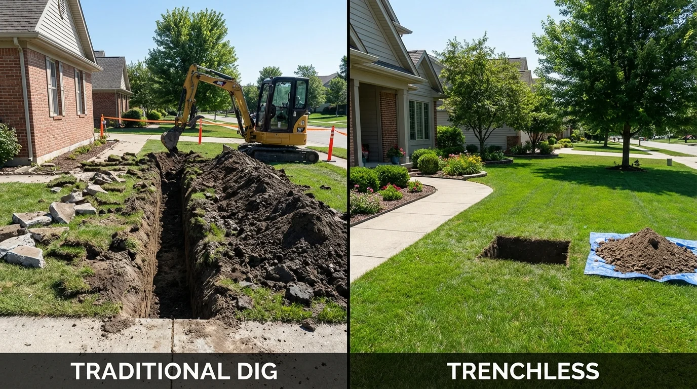 Trenchless sewer repair with minimal yard damage versus traditional excavation in Sorrento, LA